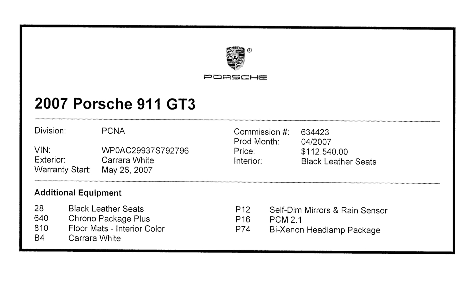 2007 porsche 911 gt3 sold 311rs porsche build sheet