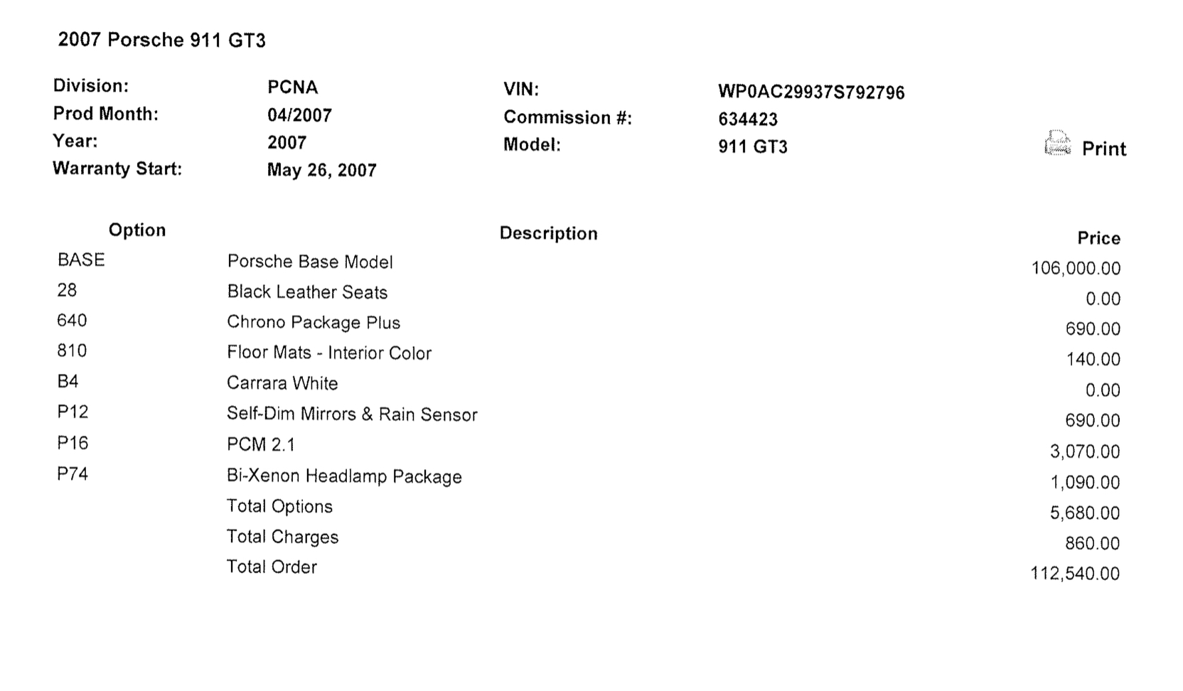 2007 porsche 911 gt3 sold 311rs porsche build sheet